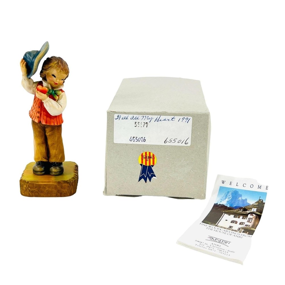 1991 ANRI Carved Wood Figurine With All My Heart Statue NOS Ferrandiz Valentine